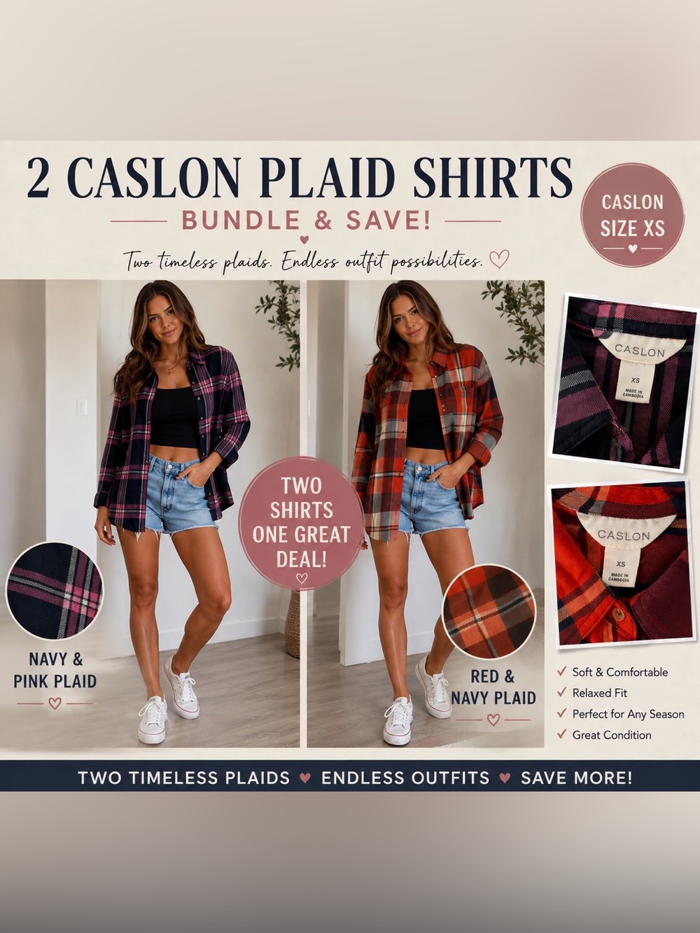 Caslon Women’s Plaid Button-Up Shirt XS Navy Red